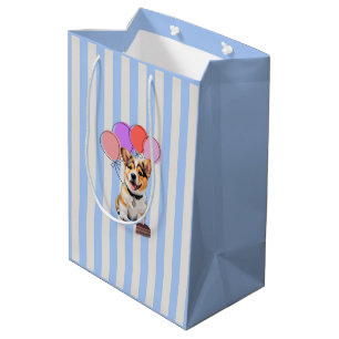 Blue And Beige Striped Corgi Birthday Party Medium Gift Bag