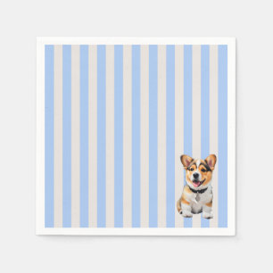 Blue And Beige Striped Playful Corgi Dog Lovers Napkin