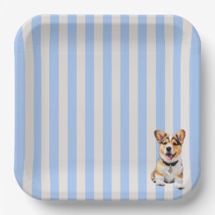 Blue And Beige Striped Playful Corgi Dog Lovers Paper Plate
