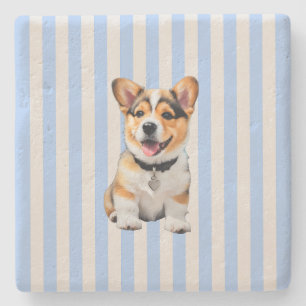 Blue And Beige Striped Playful Corgi Dog Lovers Stone Coaster