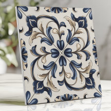Blue and Beige Vintage Floral Scroll