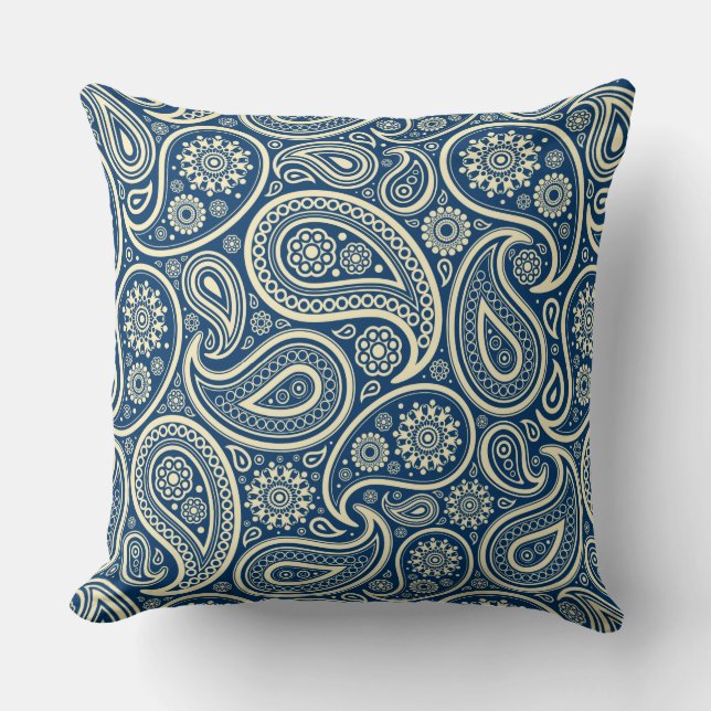 Blue And Beige Vintage Paisley Pattern Cushion (Front)