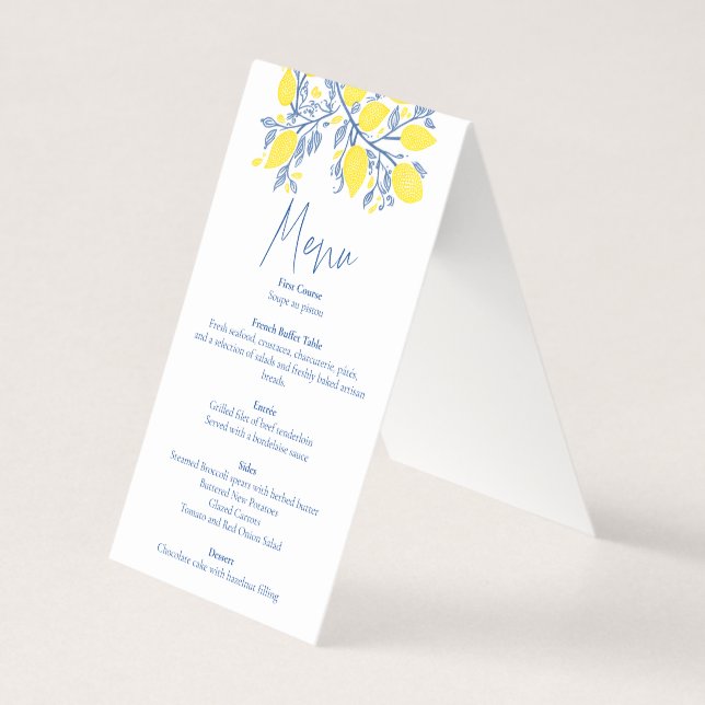 Blue and below vines wedding reception meal menu (Front)
