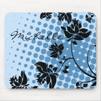 Blue and Black Abstract Flowers Mouse Pad