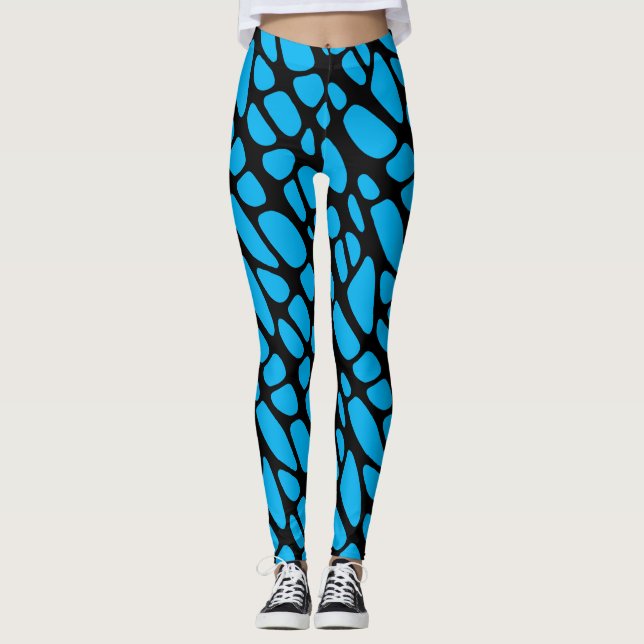 Blue and Black Abstract Organic Web Pattern Leggings (Front)