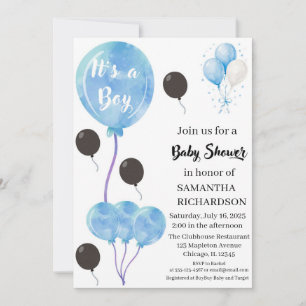 Blue and Black Balloons It's a Boy Baby Shower Invitation