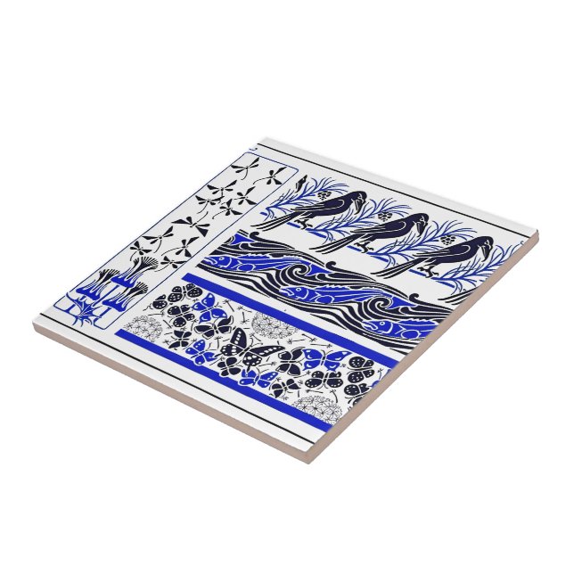 blue and black Birds fish Butterfly art pattern Tile (Side)
