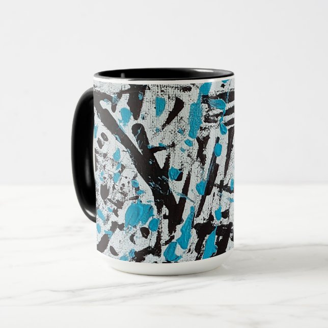 Blue and Black Brush marks Abstract Mug (Front Left)