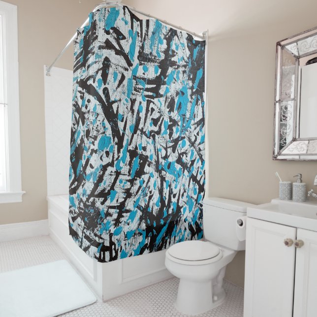 Blue and Black Brush marks Abstract Shower Curtain (In Situ)
