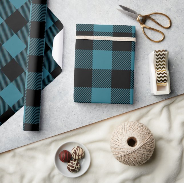 Blue and Black Buffalo Check Holiday Wrapping Paper (Crafts)