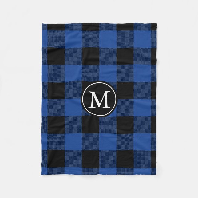 Blue and Black Buffalo Check Monogram Fleece Blanket (Front)