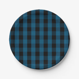 Blue and Black Buffalo Check Plaid Pattern Paper Plate