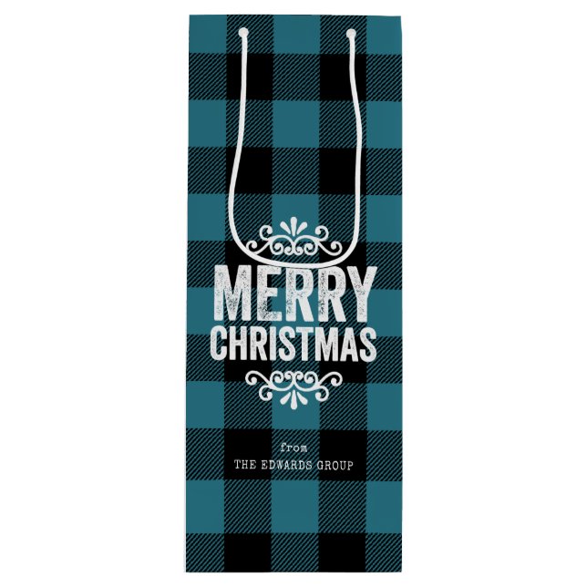 Blue and Black Buffalo Check Rustic Christmas Wine Gift Bag (Front)