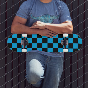Blue and Black Chequered Print Skateboard