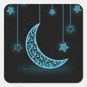 Blue and Black Crescent Moon and Stars Square Sticker