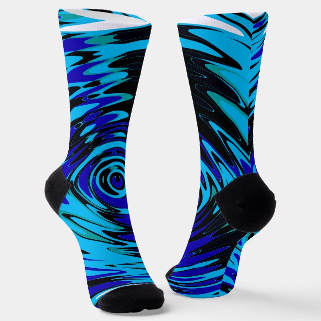 Blue and Black Crew Socks with Abstract Swirls (Angled)
