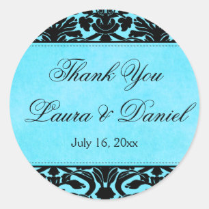Blue and Black Damask 1.5" Thank You Sticker