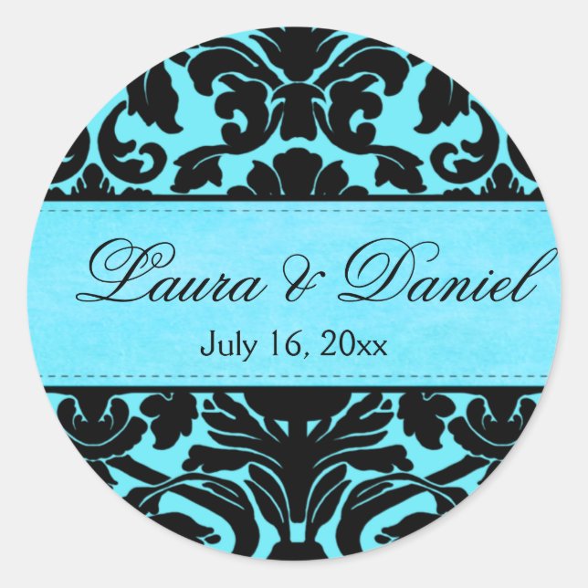 Blue and Black Damask 1.5" Wedding Sticker (Front)