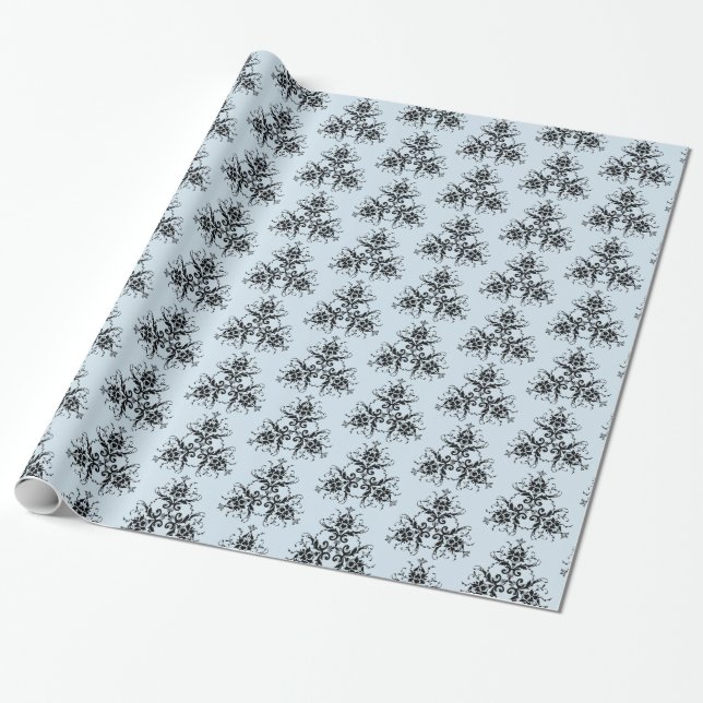Blue and Black Damask Gift Wrap (Unrolled)