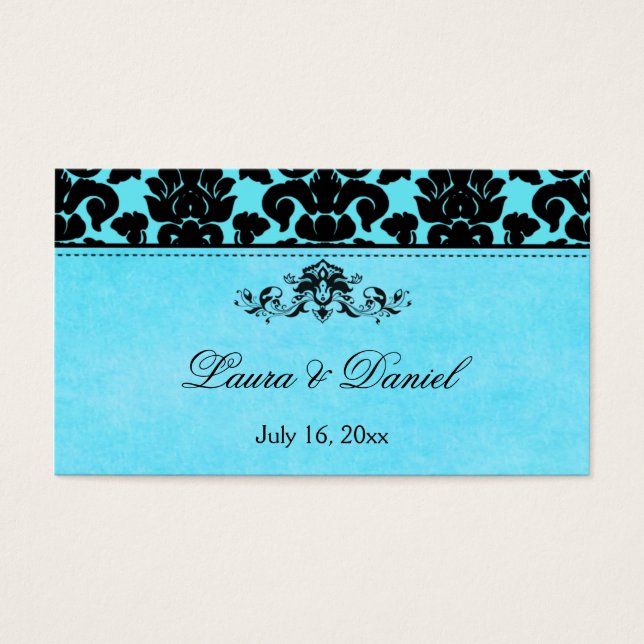 Blue and Black Damask Wedding Favour Tag (Front)