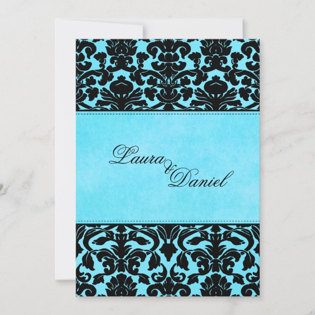 Blue and Black Damask Wedding Invitation (Front)