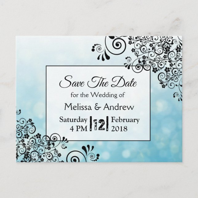 Blue and Black Decorative Tree Save the Dates Postcard (Front)