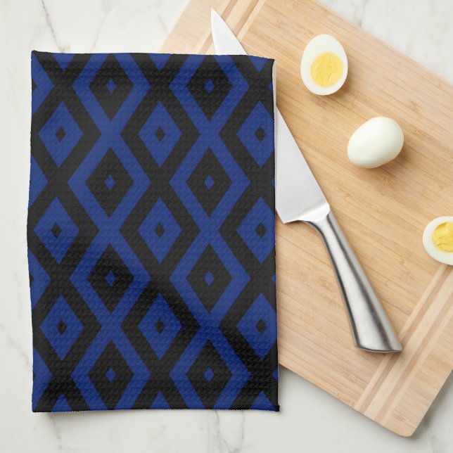 Blue and black diamond pattern tea towel (Quarter Fold)