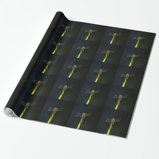 Blue and black  Dragonfly on green and red grass Wrapping Paper (Unrolled)