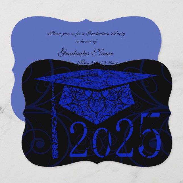 Blue and Black Floral Cap 2025 Graduation Party Invitation (Front/Back)