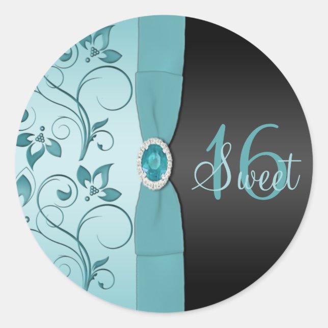 Blue and Black Floral Sweet Sixteen Sticker (Front)