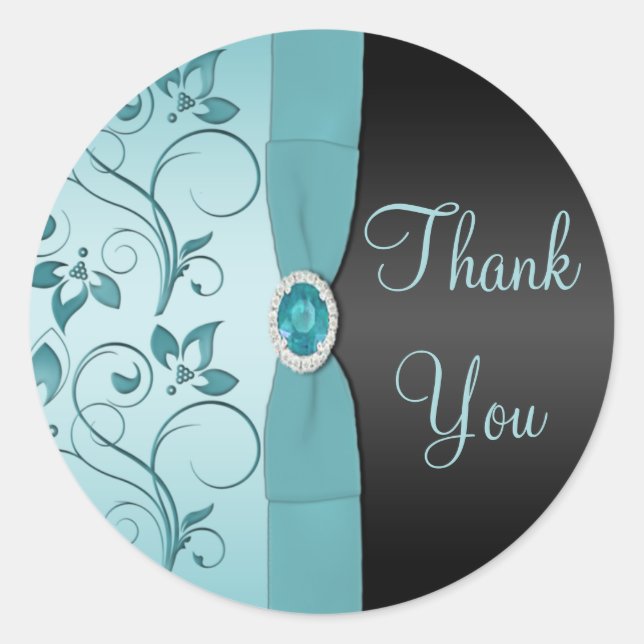Blue and Black Floral Thank You Sticker (Front)