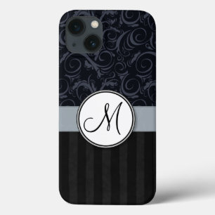 Blue and Black Floral Wisps, Stripes with Monogram iPhone 13 Case