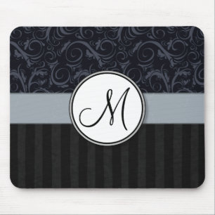Blue and Black Floral Wisps, Stripes with Monogram Mouse Pad