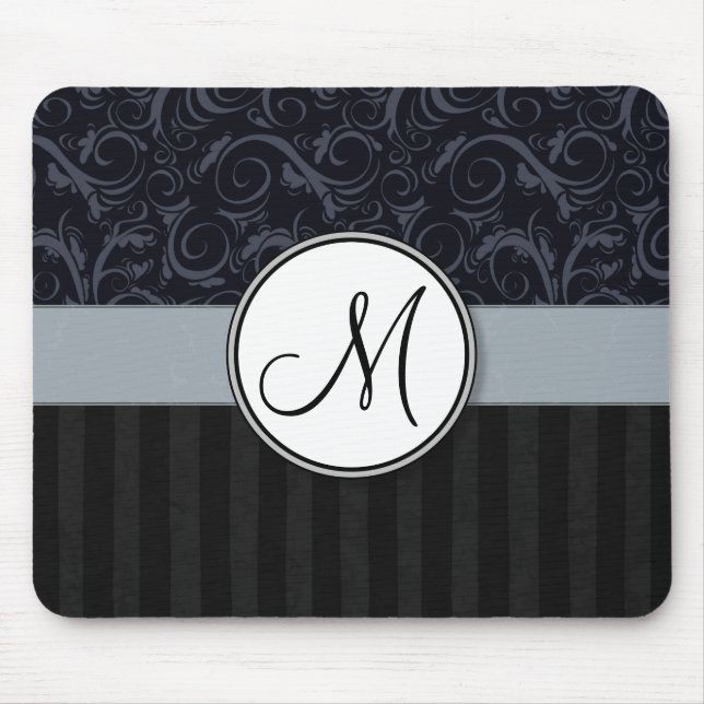 Blue and Black Floral Wisps, Stripes with Monogram Mouse Pad (Front)