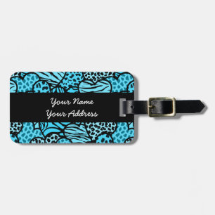 Blue and black girly animal print hearts luggage tag