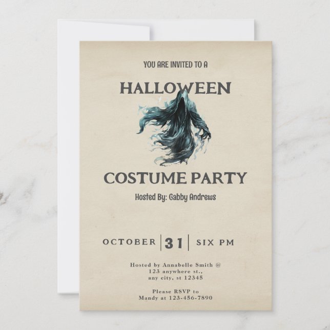 Blue and Black Grim Reaper Vintage Halloween Invitation (Front)