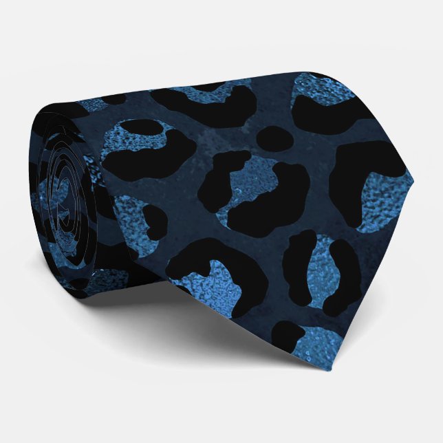 Blue and Black Leopard Print Tie (Rolled)