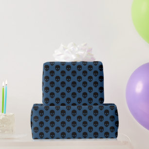 Blue and Black Little Skulls Pattern Halloween Wrapping Paper