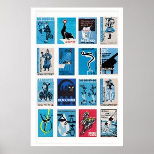 Blue and Black Matchbox Label Collage, minimalist Poster