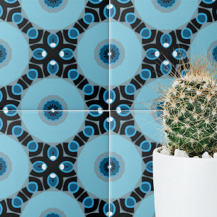 Blue and Black Modern Geometric Ethnic Pattern Tile