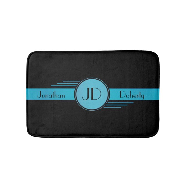 Blue and Black Monogram Art Deco Bath Mat (Front)