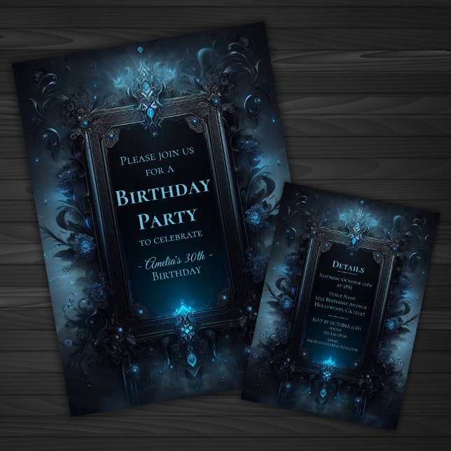 Blue and Black Mystical Witchy Gothic Birthday Invitation (image shows front and back of invitation)