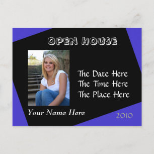 blue and black open house postcard