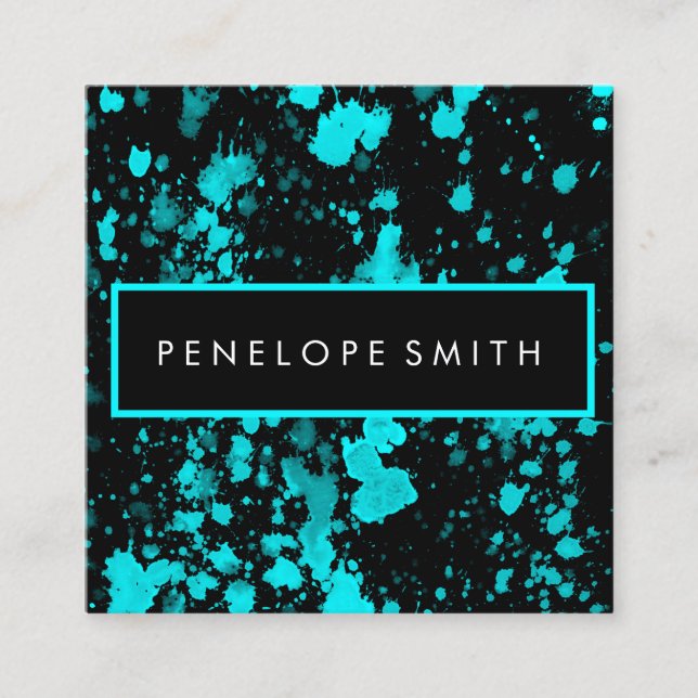 Blue and Black Paint Splatter Beauty Makeup Artist Square Business Card (Front)