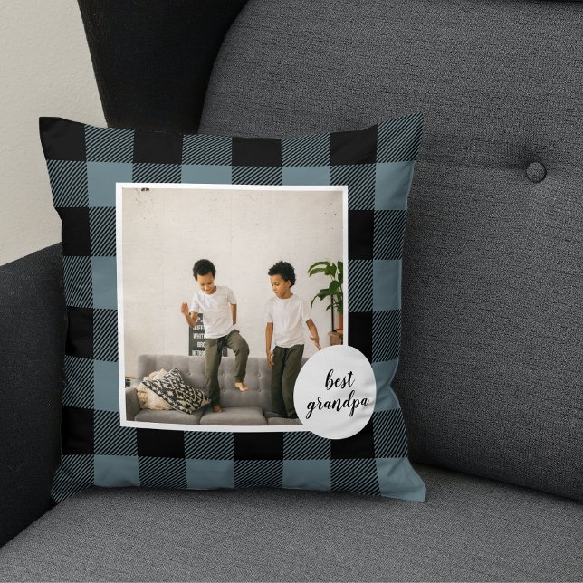 Blue And Black Plaid Best Grandpa Gift With Photo Cushion (Creator Uploaded)