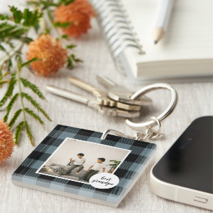 Blue And Black Plaid Best Grandpa Gift With Photo Key Ring