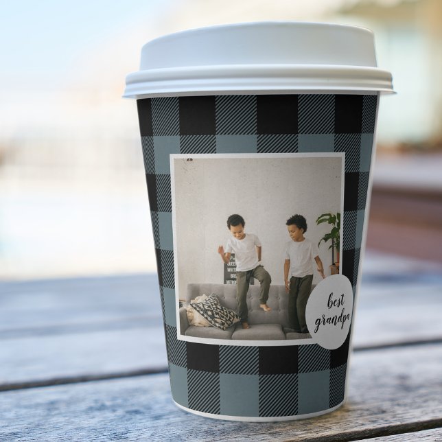 Blue And Black Plaid Best Grandpa Gift With Photo Paper Cups (Creator Uploaded)