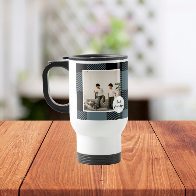 Blue And Black Plaid Best Grandpa Gift With Photo Travel Mug (Creator Uploaded)