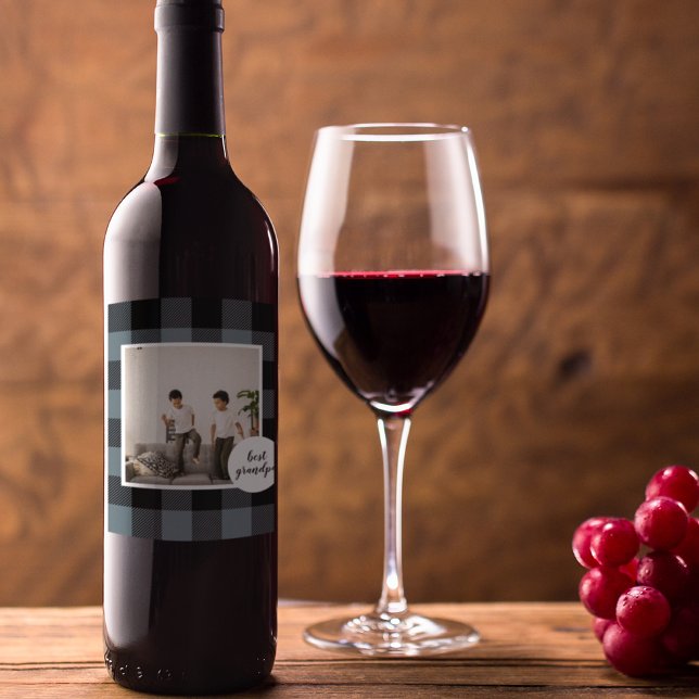 Blue And Black Plaid Best Grandpa Gift With Photo Wine Label (Creator Uploaded)