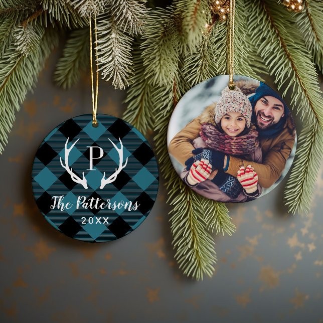 Blue and Black Plaid Rustic Antler Monogram Photo Ceramic Tree Decoration (Creator Uploaded)